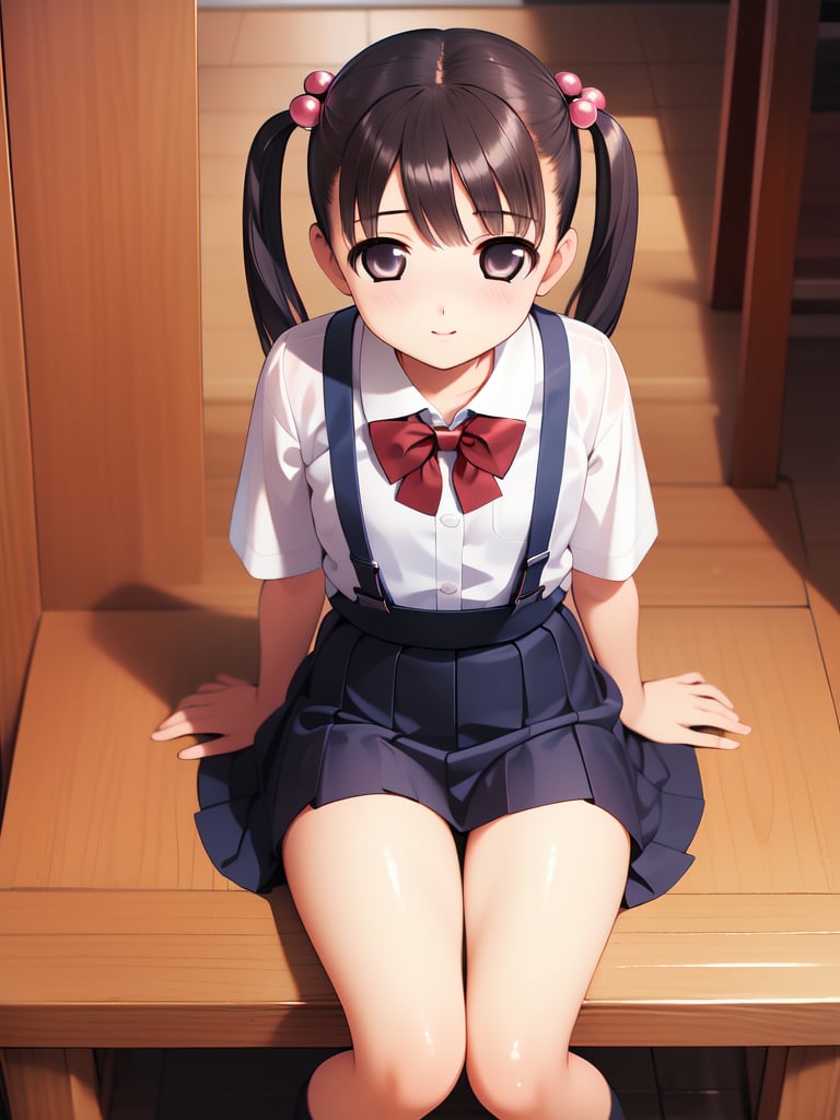 <lora:Tsutsumi_Kinuka:0.8>, TsutsumiKinuka, 1girl, solo, twintails, school uniform, brown hair, sitting, hair bobbles, black eyes, suspenders, hair ornament, skirt, masterpiece, high quality, very_high_resolution, large_filesize, full color,