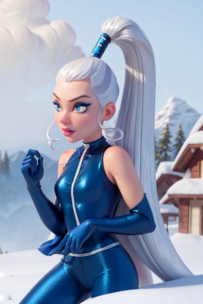 (Icy), blue eyes, white hair, ponytail, very long hair, eyeshadow, (WitchOutfit), sleeveless, (dark-blue bodysuit:1.2), knee boots, gloves, (long blue cloak), snow storm background, snowy background, mountains, blue ambience, snow powers, (realistic:1.2), (masterpiece:1.2), (full-body-shot:1),(Cowboy-shot:1.2), neon lighting, dark romantic lighting, (highly detailed:1.2),(detailed face:1.2), (gradients), colorful, detailed eyes, (detailed landscape:1.2), (natural lighting:1.2), close shot, solo, <lora:WinxClubIcy-10:0.9> <lora:add_detail:0.3> <lora:BeautifulEyes:0.6>