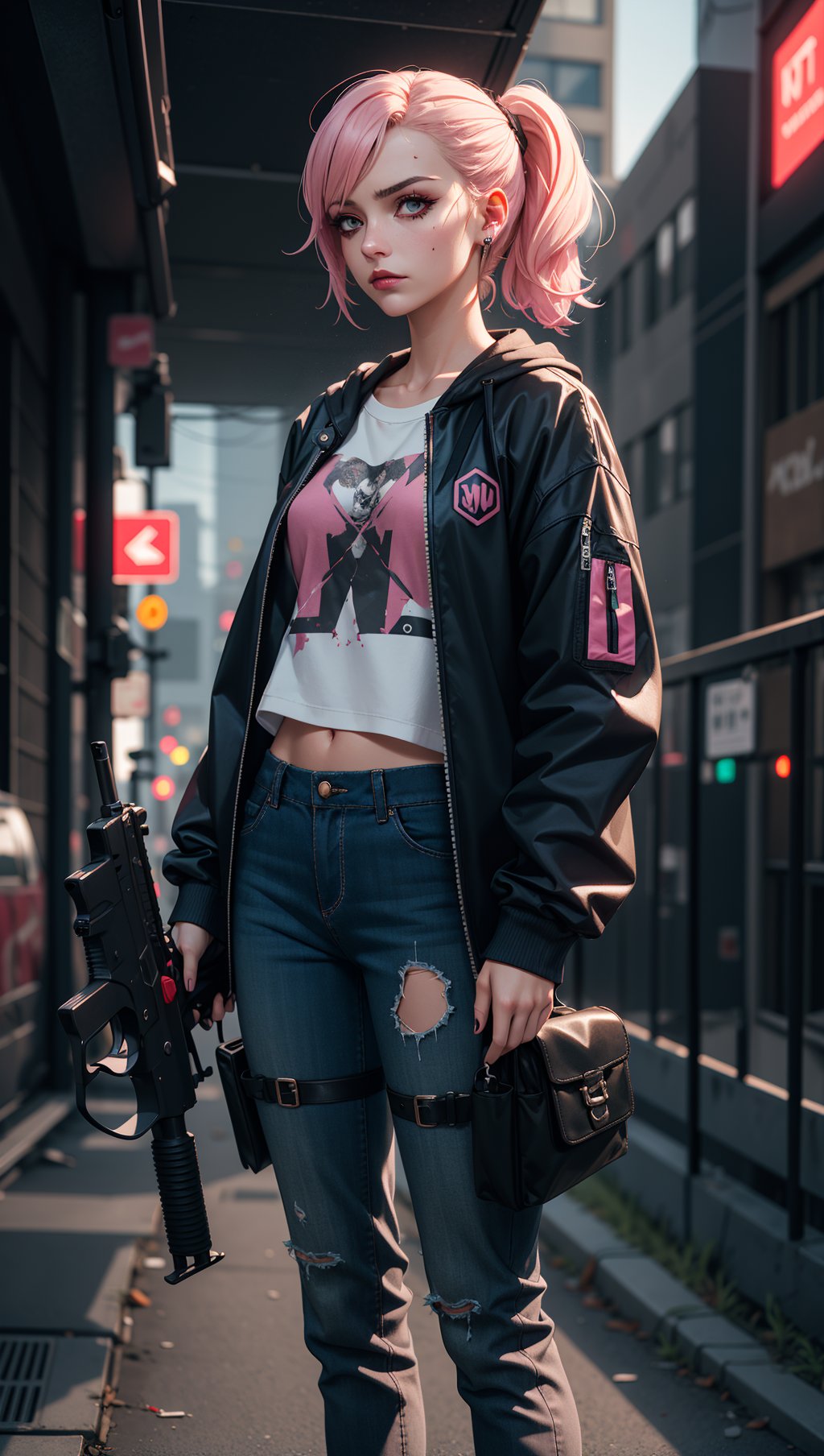 dark gothic cyberpunk woman,defiant face,pastel colors,in clothes,colorful hair,light yellow sweatshirt,pants,black,with pink,guns hd,high detail,huoshen,TheLastOfUs,mgln,