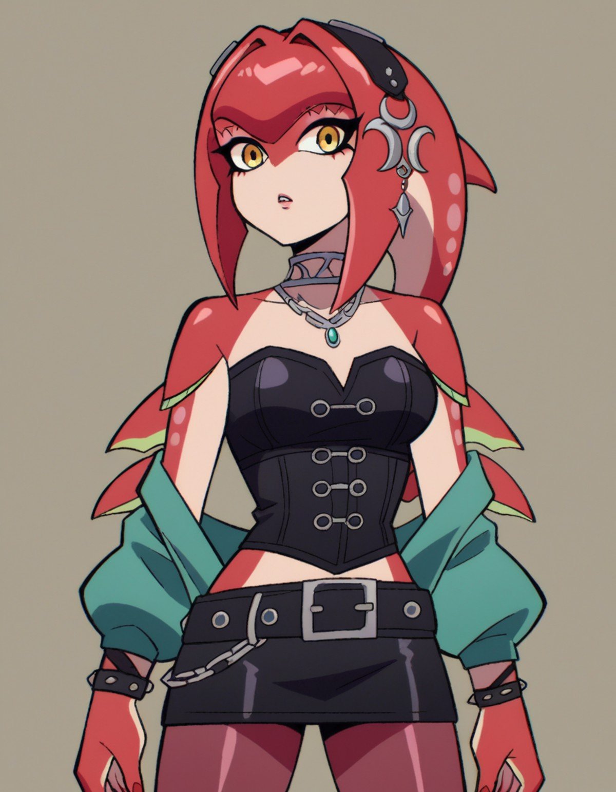 zPDXL, score_9, score_8_up, score_7_up, source_anime, 8k, absurdres, 1girl, solo,  Mipha, red skin, zora, fish girl, punk wearing a deconstructed blazer with safety pin accents,black corset dress with lace-up detailing, paired with rippedmesh tights,knee-high lace-up boots, emerald green hair, sleek asymmetrical undercut with shave sides, labret piercing, mascara,leather studded cuff bracelet,chain-link belt, upper body, portrait, <lora:ScottP-v2-1:0.8> scottp