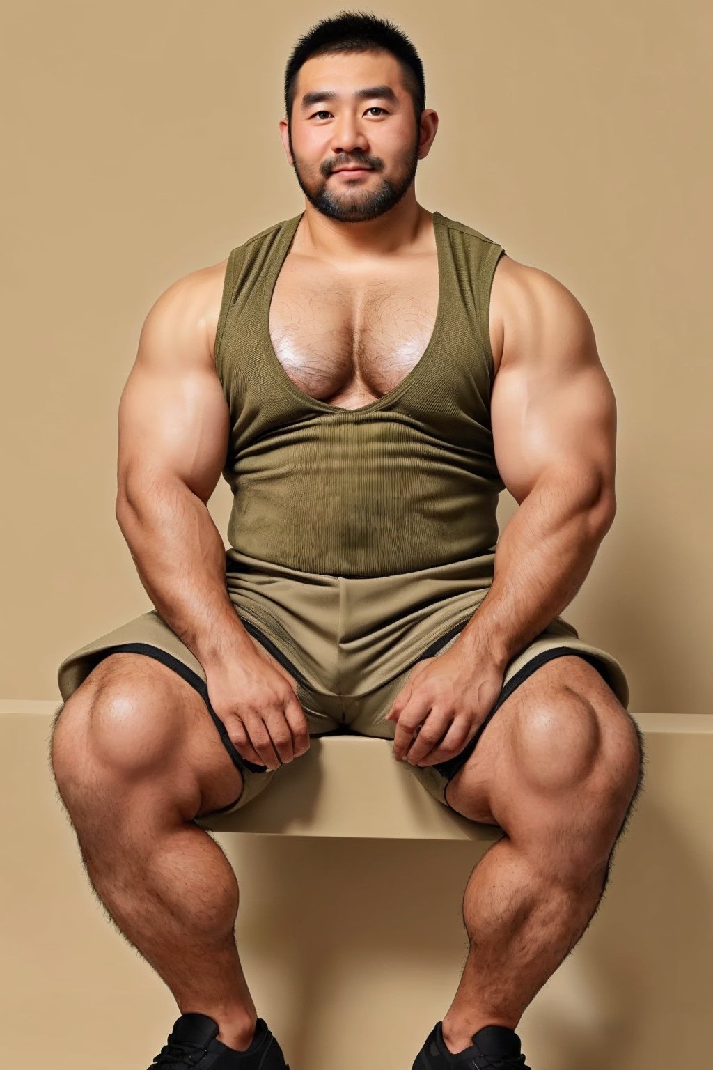 zhuangxiong,mature male,thick arms,thick thighs,thick body hair,beard,chest hair,leg hair,full body,muscular male,front,full shot,mature,masculine,thick,muscular man,35 years old,very short hair,khaki background,