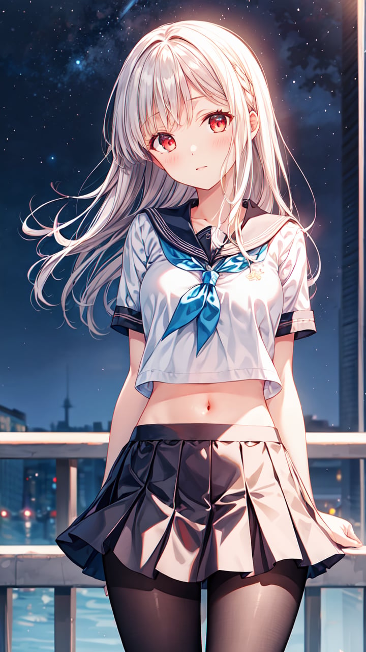 masterpiece,best quality,highres,illustration,hyper detailed,8k cg wallpaper,ray tracing,((white hair:1.2)),long hair,red eyes,straight hair,medium breasts,sailor collar,white shirt,short sleeves,pleated skirt,midriff,navel,black pantyhose,starry sky,<lora:增加細節>,(hiten1:0.8),standing,outdoors,arms at sides,