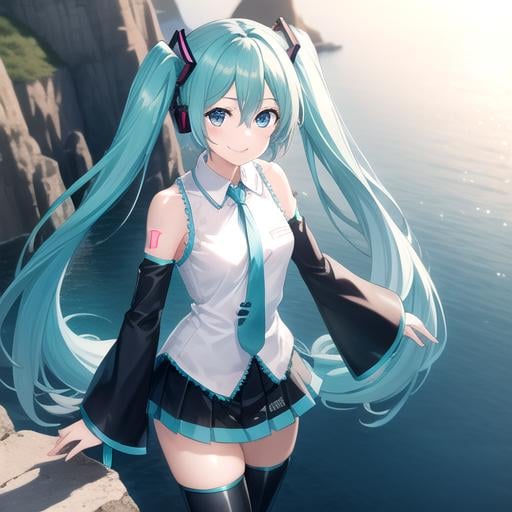 ((masterpiece)),(best quality),official art,extremely detailed CG,unity 8k wallpaper,ultra detailed,A lighthouse on a cliff by the sea,1girl,solo,cowboy shot,hatsune miku,looking at viewer,black sleeves,sleeveless shirt,white shirt,fringe,smile,black thighhighs,hair between eyes,twintails,very long hair,aqua eyes,aqua hair,detached sleeves,miniskirt,aqua necktie,thigh boots,<lora:Hatsune Miku(vocal)>,