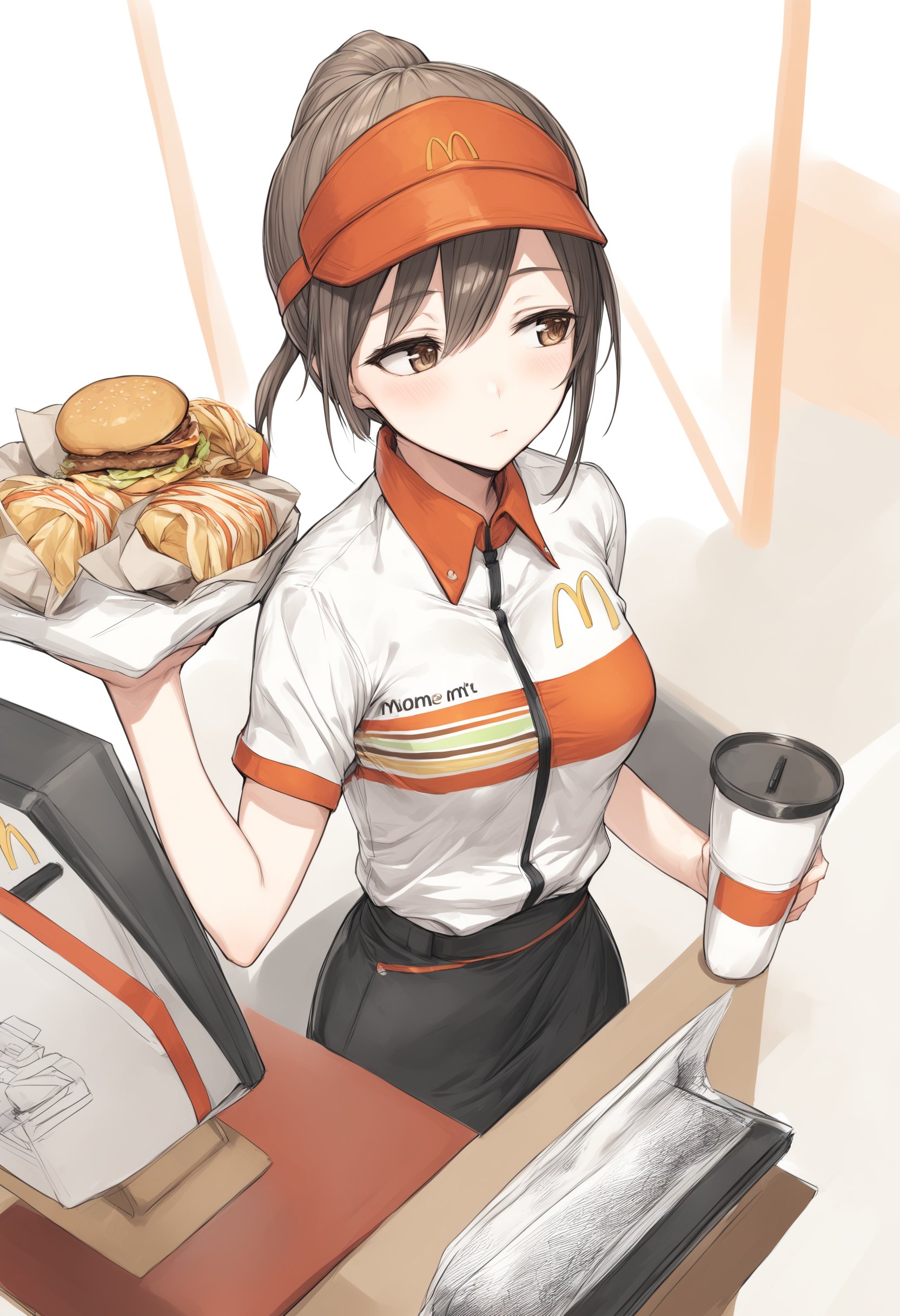 1girl, <lora:sdxl2-flat2-512b:-1>,medium breasts,solo,<lora:macXLv1:1.0>,mac,solo, employee uniform, fast food uniform, visor cap, short sleeves, clothes writing,from above, upper body, looking away, disdain, closed mouth,best quality,medium quality,