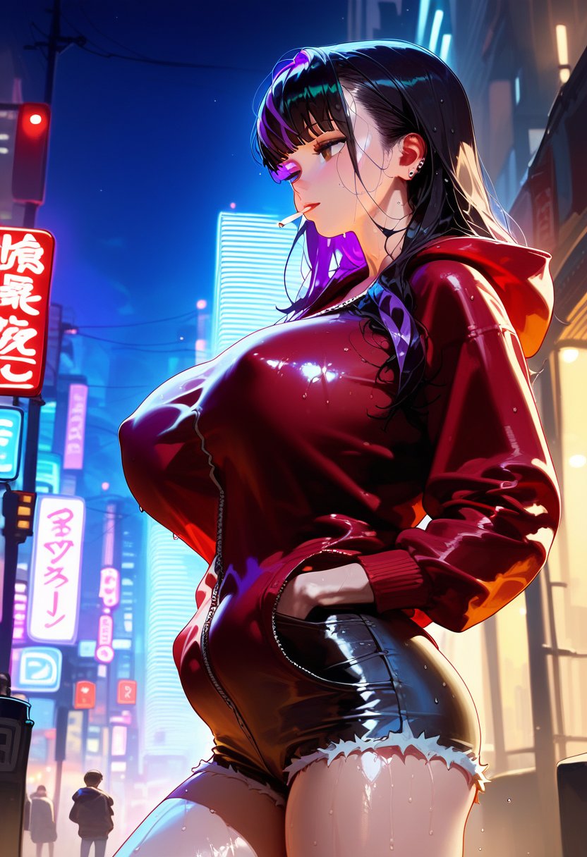 score_9, score_8_up, score_7_up, score_6_up, source_anime, <lora:WHM 0.1v:1>, WHM, aged up, mature female, nsfw, sexy attire, pose, arched back, 1girl, huge breasts, leaning back lighting a cigarette, wet street, night, city lights, skyline, ear piercing, brown eyes, long hair, standing, unzipped hoodie, shorts, covered nipples, looking away, hime cut, black hair, purple hair, streaked hair, hand in pockets,