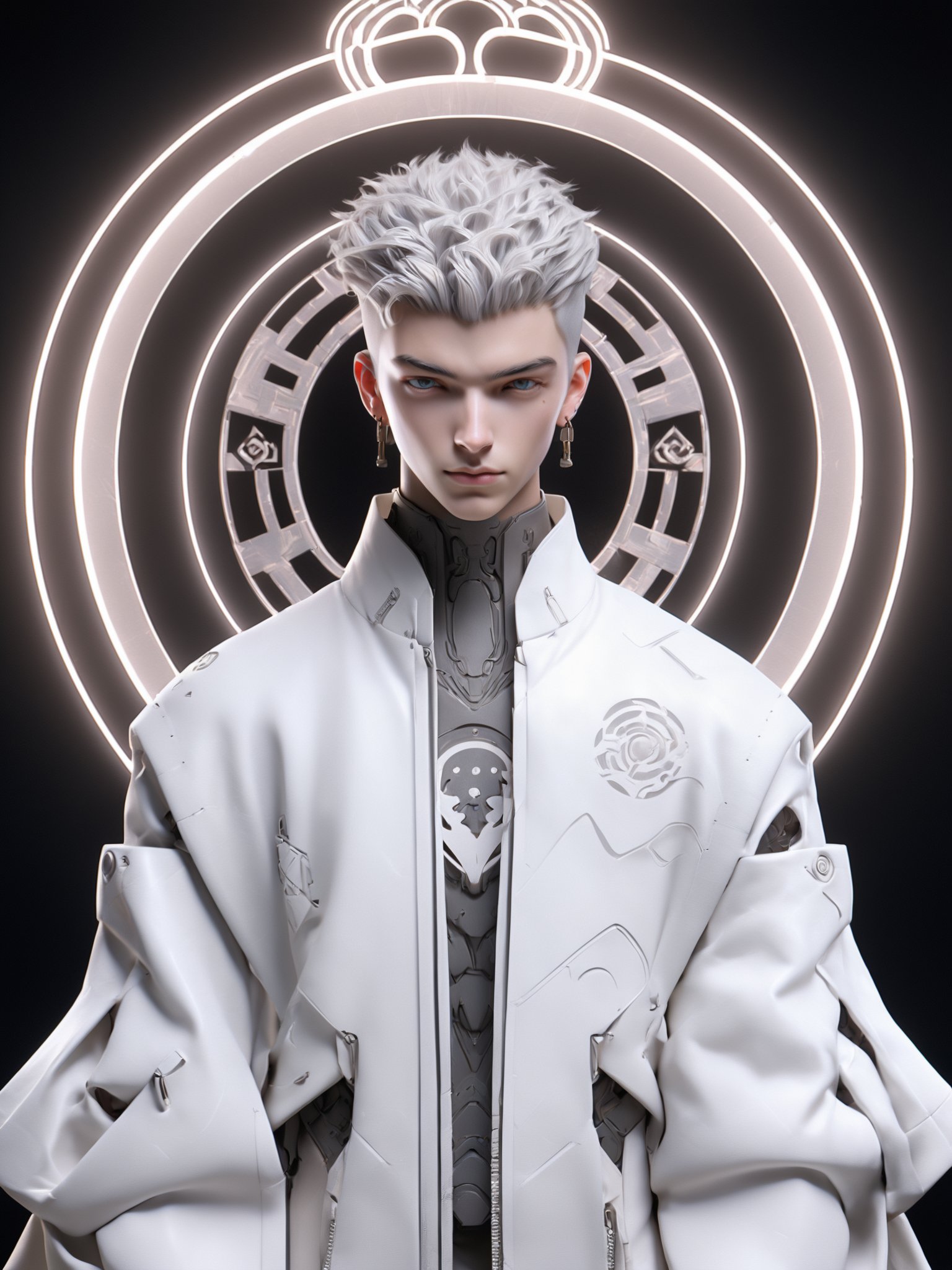 standing,((full body)),((full view)),Golden ratio figure, tall,a young individual with a striking appearance. They have silver-white hair styled in a tousled manner, and their eyes are intense, gazing directly at the viewer. The person is wearing a white, futuristic-looking jacket with intricate patterns and designs,Futuristic Pants,The jacket has a circular emblem on the left side, which appears to be a stylized bird or creature. The background is dark, with a glowing circular design that emits a soft light, creating a contrast with the subject<lora:Suotai-000006:1>