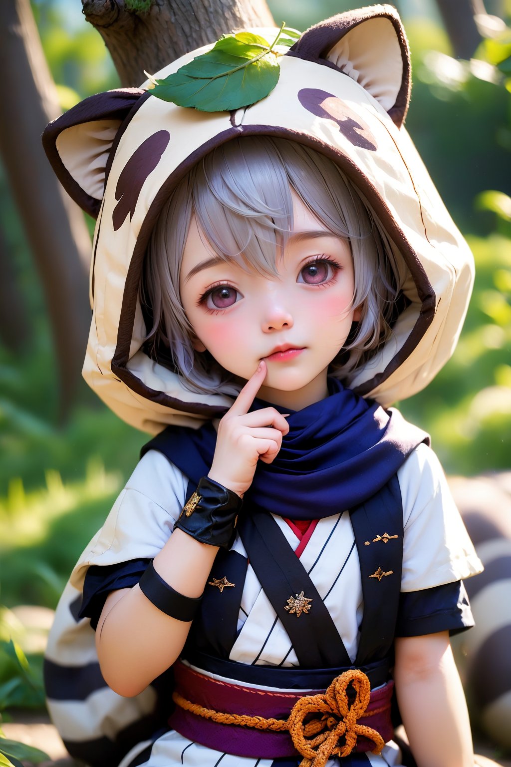 AgainAnimeLora2.8D, 1girl, solo, sayu \(genshin impact\), outdoors, short hair, hood, leaf, gloves, fingerless gloves, animal hood, arm guards, tree, grey hair, japanese clothes, ninja, raccoon ears, sash, blurry, leaf on head, scarf, animal ears, weapon, obi, short sleeves, lips, fake animal ears, depth of field, holding, finger to mouth, holding weapon, blush, blurry background, closed mouth, facing viewer, kimono, child, purple gloves, upper body, realistic, hood up, wrist guards, day, nature, hair between eyes, raccoon tail, black scarf, eyelashes, knife, sleeping