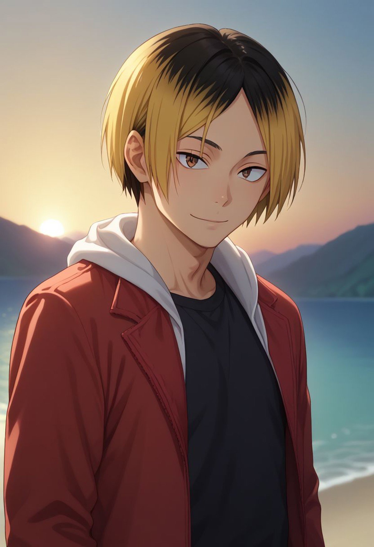 score_9, score_8_up, score_7_up, source_anime, highly detailed, kenma, 1boy, male focus, blonde hair, solo, multicolored hair, two-tone hair, jacket,hood, looking at viewer, black shirt, shirt, black hair, brown eyes, smile, upper body, hoodie, red jacket, bang,outdoor, sunset, upper body,