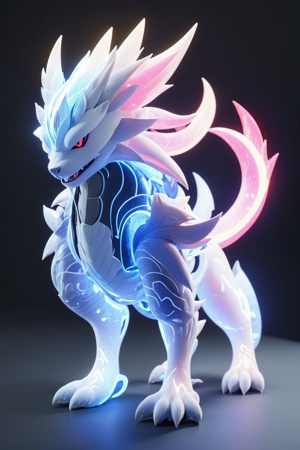 <lora:AgainRealistic_v2.0:1>, AgainRealistic_v2.0, no humans, solo, glowing, claws, glowing eyes, full body, standing, black background, pokemon \(creature\), white fur, simple background, tail, from side, fangs, looking at viewer, red eyes, animal focus, furry, closed mouth