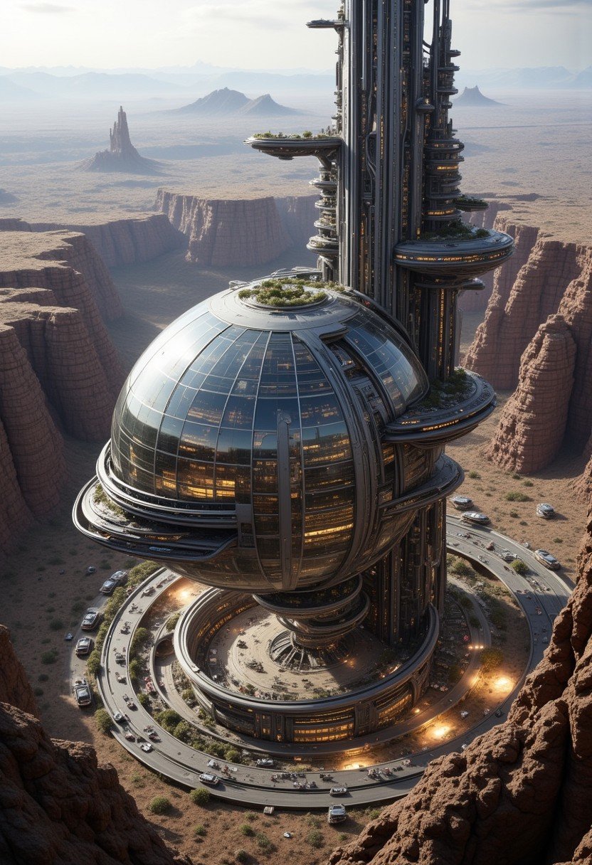 A new type of flying ship for sightseeing in the city of the future, Residents live in a sizable number of glass bubble capsules,The alien colonial cities of the future look like towering ant nests built in Halfway underground in the Grand Canyon, glass dome, communications spire landmark, aircraft terminal, aerial mass transportation,((The steel tower in the imperial capital of Star Wars, the Rubik's Cube and Golden Tower of the corporate headquarters in Blade Runner, The floating kingdom of Hayao Miyazaki's Castle in the Sky, the catacombs of Paris are full of skulls, Famous British architect Dream Detective)),(futuristic:1.2), a huge military factory made of steel, glass, fog, sun, in the clouds, , futuristic military planes, moody tones, (real landscape:1.1), (blurred background:1.0), [buildings|vehicle|Crowd|buildings|trees|buildings|trees|vehicle|Crowd:0.7], (background, more_details:0.3) great lighting, futureurbannight,