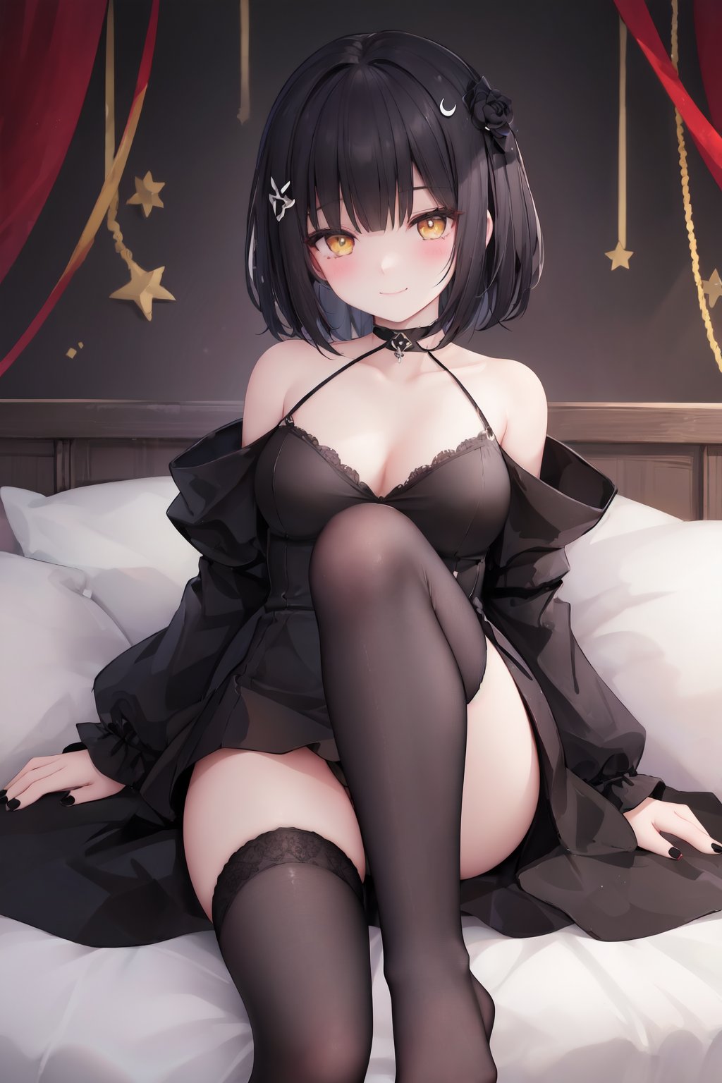 1girl,solo,black hair,feet,breasts,toes,looking at viewer,nail polish,barefoot,thighhighs,toenails,black dress,black nails,white thighhighs,smile,bare shoulders,toenail polish,bangs,blush,sitting,single thighhigh,short hair,closed mouth,foot focus,long sleeves,yellow eyes,off shoulder,thighs,collarbone,hair ornament,as-style,