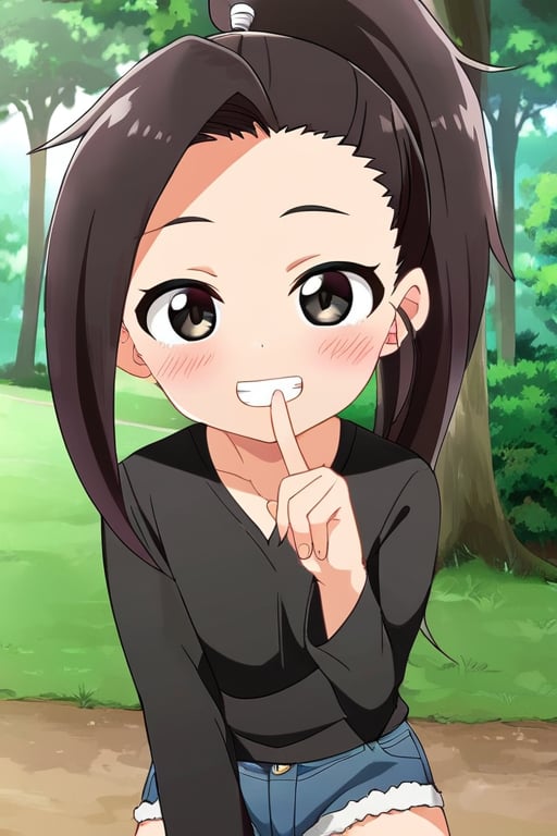 <lora:kunoichitsubaki:0.7> kunoichitsubaki, 1girl, solo, looking at viewer, smile, grin, ponytail, black shirt, denim shorts, shushing, finger to mouth, blush, outdoors, park, sunlight, tree, 8k, highly detailed