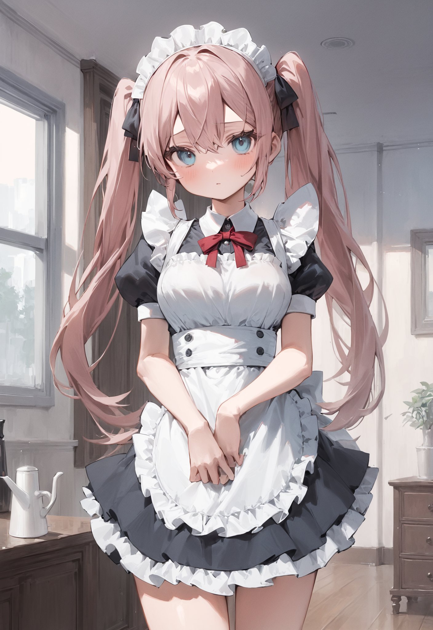 maid, indoors, twintails, cowboy shot