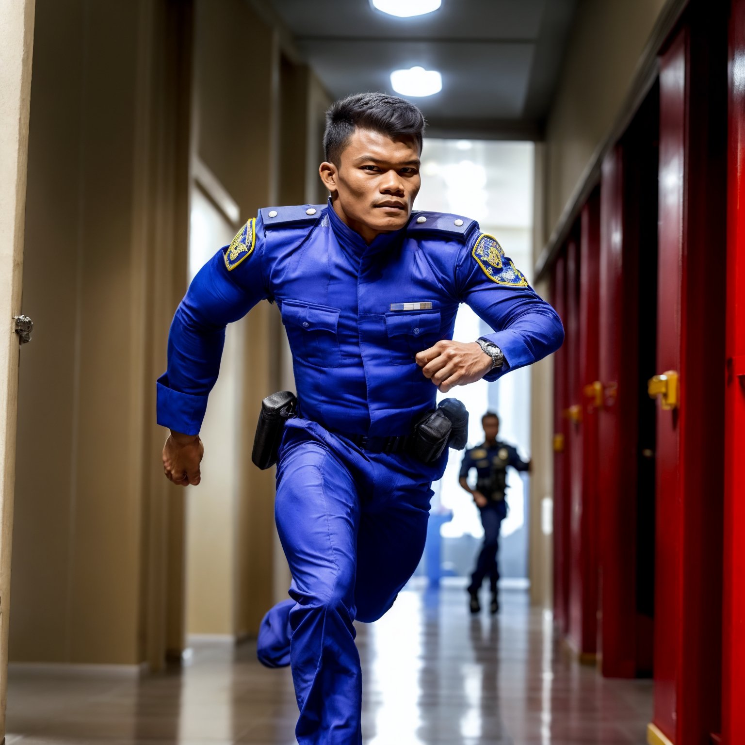 photo of peemaipor man as a time-police officer chasing a criminal through a corridor of swirling time vortexes, wearing a chronosphere-resistant uniform<lora:Add More Details:0.7> <lora:Peemaiporkobk B1:1>