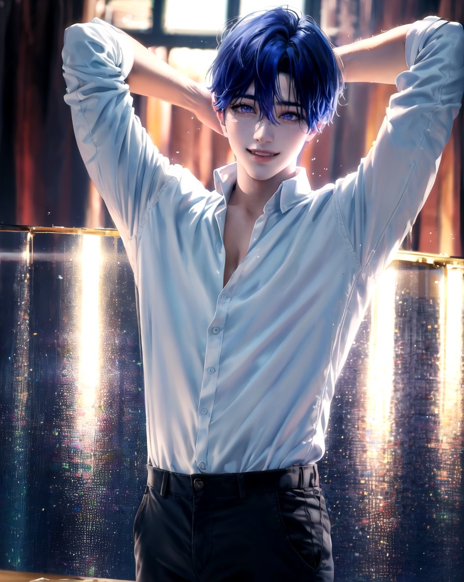 masterpiece, best quality, highly detailed background, perfect lighting, ((masterpiece)), depth of field, cinematic lighting, 1boy, Yejun, male focus, shirt, collared shirt, short hair, looking at viewer, hair between eyes, blue hair, purple eyes, pants, smile, <lora:more_details:0.1>,   <lora:sakimichan-v1.5fix-lora-32dim-10ep-novae-newcraft:0.7>,  <lora:Yejun:1>, arms up, 