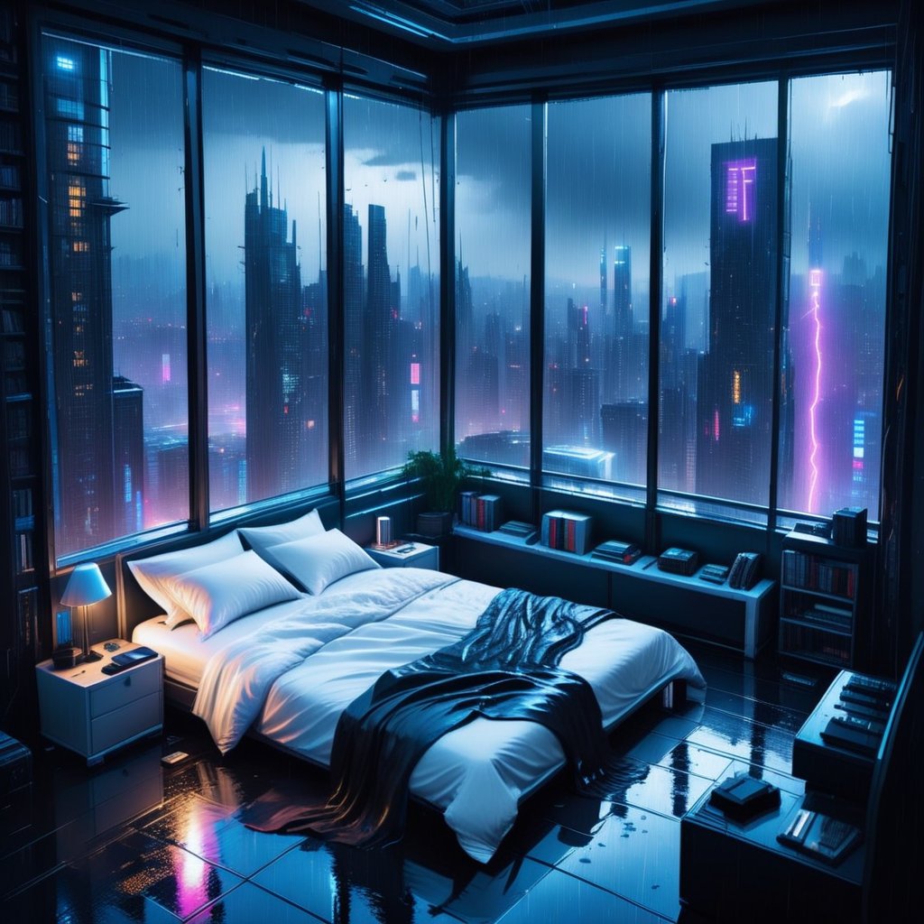 moody aesthetic, beautiful cozy, cramped bedroom with floor to ceiling glass windows overlooking a cyberpunk city at night, view from top of skyscraper, white bedsheets, bookshelves, thunderstorm outside with torrential rain, detailed, high resolution, photorrealistic, dark, gloomy,