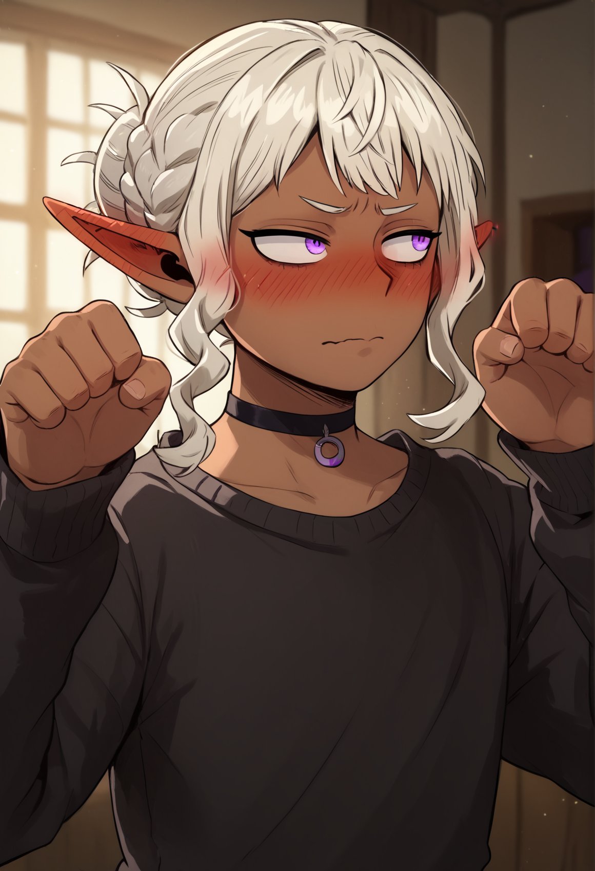 (score_9), score_8_up, score_7_up, score_6_up, zPDXL, 1boy, paw pose, thistle \(dungeon meshi\), white hair, pointy ears, dark skin, bangs, braid, purple eyes, black sweater, black choker, blushing, looking away, embarrassed, indoors, bedroom, blurry background, <lora:Thistle_DM_XL_Pony:1>, greatm8 style, <lora:GreatM8_Style_XL_Pony_Revision:1>