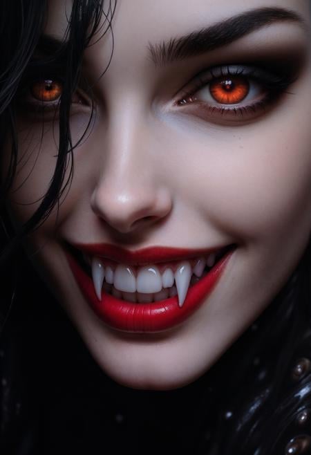 A mesmerizingly lifelike portrait of a vampire queen, her face framed in a close-up view. Sharp fangs glisten against her sensual and enchanting smile, highlighted by her exceptional beauty and allure. This image is a digital painting, bringing out every fine detail with ultra-realistic precision. Her radiant yet haunting eyes draw viewers in, while her seductive expression adds an element of mystique. The overall quality of the artwork is impeccable, showcasing the artist's skill in capturing the essence of this alluring vampire queen. <lora:FluxF4ngs:1>