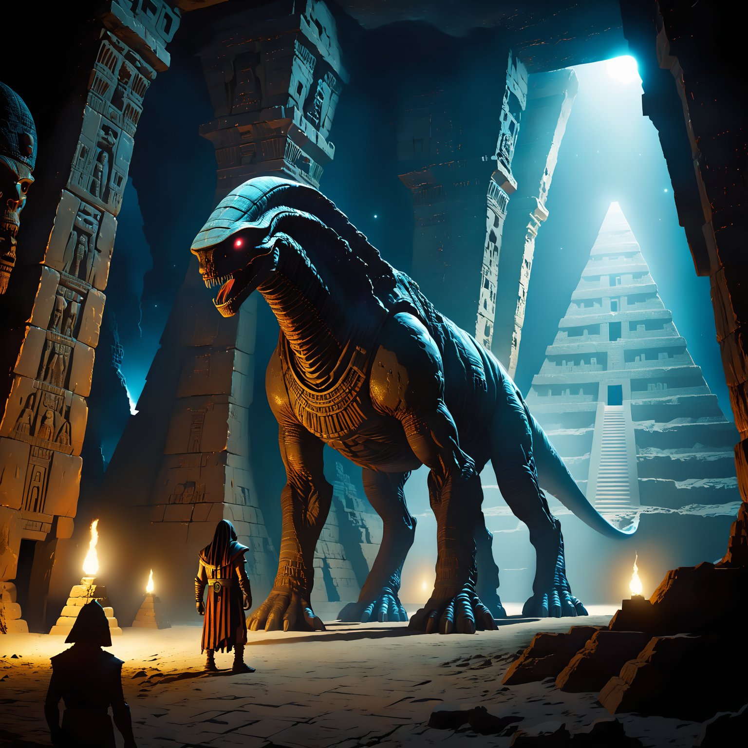 cinematic film still nodf_xl, high quality, Ancient alien creature, giant, huge, standing, inside Ancient pyramid, close up, nighttime, dark, <lora:nodf_xl:1> . shallow depth of field, vignette, highly detailed, high budget, bokeh, cinemascope, moody, epic, gorgeous, film grain, grainy