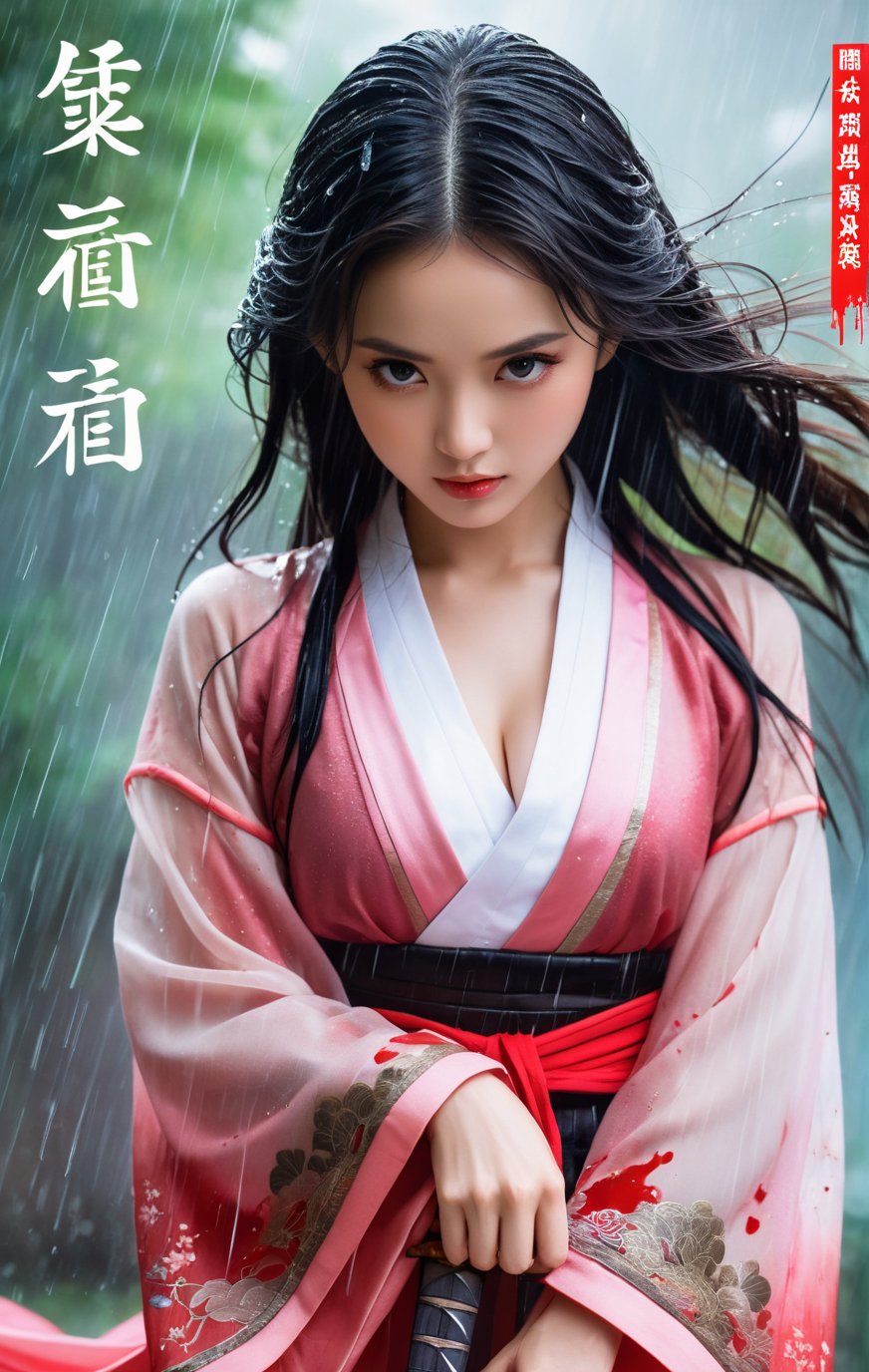 18 y.o beautiful girl and monster,transparent hanfu,masterpiece,best quality,eyes close-up,round face,(take the long sword:1.4),from_above,best fingers,facing viewer,magnificent,celestial,ethereal,painterly,epic,majestic,magical,fantasy art,cover art,dreamy,elegant,cinematic,background illuminated,rich deep colors,ambient dramatic atmosphere,creative,perfect,beautiful composition,intricate,detailed,ink and wash,soft backlight,traditional chinese characters,magazine cover,pink long upper shan,heavy rain,exaggerated dynamic posture,wet clothes,glaring,angry,wet_hair,(wet body:1.3),battle posture,petite,skinny waist,chibi,cleavage,(blood:1.4),