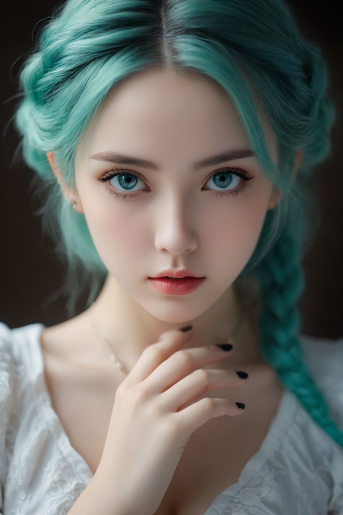 (ultra realistic,best quality),photorealistic,Extremely Realistic,in depth,cinematic light,hubggirl,BREAKstunning anime portrait of a green-haired girl with intense blue eyes, close-up view, intricate hand details, braided hair, white clothing, strong light and shadow contrasts, black nails, 21 years old, BREAKdynamic poses, particle effects, perfect hands, perfect lighting, vibrant colors, intricate details, high detailed skin, intricate background, realistic, raw, analog, taken by Sony Alpha 7R IV, Zeiss Otus 85mm F1.4, ISO 100 Shutter Speed 1/400, Vivid picture, More Reasonable Details <lora:HUBG Hyper SDXL_lora :0.8>