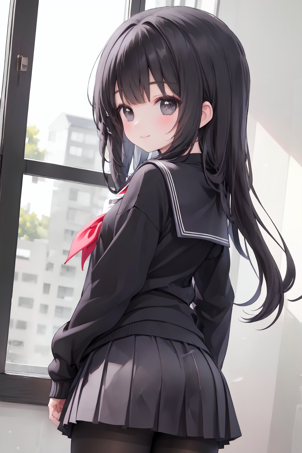 1girl, solo, skirt, long hair, pantyhose, black hair, looking at viewer, school uniform, smile, pleated skirt, black pantyhose, long sleeves, serafuku, sailor collar, indoors, bangs, looking back, black eyes, thighband pantyhose, neckerchief, blush, closed mouth, cowboy shot, red neckerchief, ass, from behind, black skirt, black sweater, sweater, very long hair, miniskirt, standing, black shirt, window, grey skirt, shirt, blunt bangs