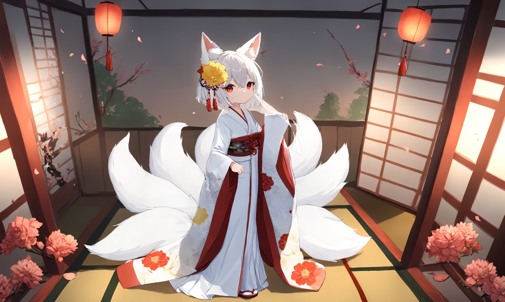 1girl, solo, tail, multiple tails, animal ears, bird, red eyes, fox ears, uchikake, japanese clothes, veil, tail, flower, solo, fox tail, looking at viewer, kimono, white hair, fox girl, standing, long sleeves, wide sleeves, indoors, bangs, eyebrows visible through hair, tatami, full body, closed mouth, white kimono, bride, wedding dress, red flower, bridal veil, yellow flower, holding, tree, floral print, hair ornament, hood, see through, from side, sidelocks, animal ear fluff, tassel, short hair, long hair, dress, white flower, silver hair, ribbon, peony \(flower\), hair between eyes, railing, cherry blossom,masterpiece, best quality, absurdres, recent, newest, safe, sensitive