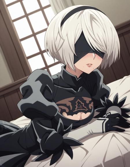 score_9, score_8_up, score_7_up, source_anime,2b, <lora:2b-s1-ponyxl-lora-nochekaiser:1>,2b, yorha no. 2 type b, short hair, white hair, hairband, mole, black hairband, mole under mouth, blindfold, covered eyes, black blindfold,gloves, long sleeves, dress, puffy sleeves, black dress, clothing cutout, cleavage cutout, juliet sleeves, feather-trimmed sleeves,indoors, bed, bed room, on side, blush, drunk,solo, dutch angle, looking at viewer, cowboy shot,