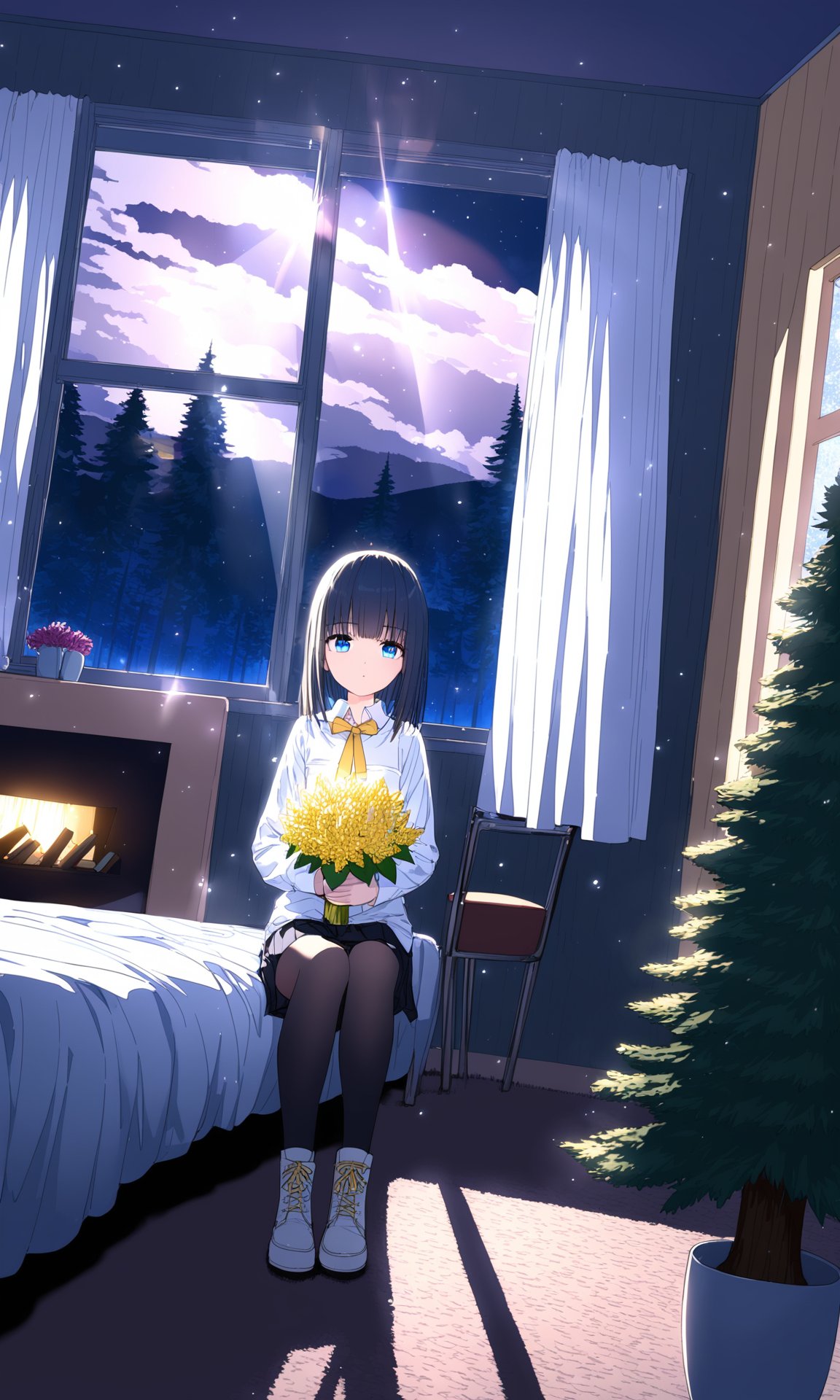 (late at night:1.5),beautiful detailed glow,(lighting particle),(((Coniferous forest in winter))),(( French window)),((White curtain)),White wall,desk,cluster-amaryllis,bouquet,Hyacinthus orientalis L,((Beautiful white clouds in the sky outside the window)),carpet,Bookcase,vase,bedroom,((bed)),((on bed)),((sit on the bed)),(bed sheet background),(((fireplace))),((Table lamp)),dark,hdr,dramatic angle,Tyndall effect,beautiful detailed glow,Luminous particle,(1 girl),(((((solo))))),extremely delicate and beautiful girls,(blue eyes),((White collared shirt ),long sleeves,((Yellow bow tie)), bare shoulders,(Beautiful dark blue eyes),Lovely face,((expressionless)),(blackish medium skirt),((Black stockings)),Ankle boots,(visual impact:1.3),(light flare:1.2),(light reflection),beautiful shadow,(detailed light),light trail,melting,hyper detailed,mysterious,(amazing),,