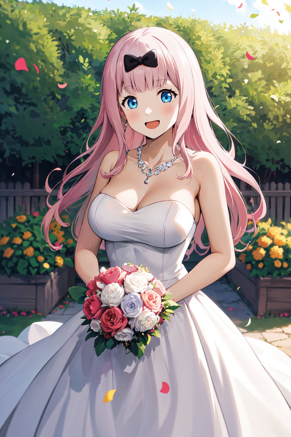 masterpiece, best quality, highres, aachika, long hair, hair bow, <lora:fujiwara_chika_v2:0.7>, garden, wedding dress, white dress, strapless, necklace, smile, open mouth, bouquet, day, confetti, cowboy shot,