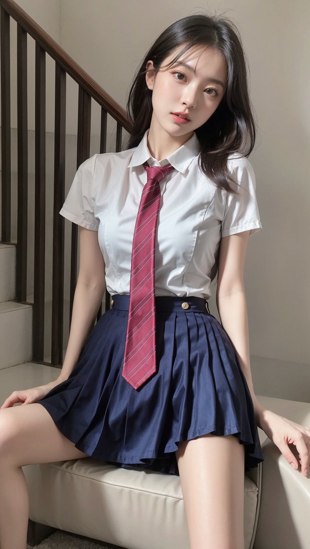 1girl,black pleated skirt, gray shirt,necktie, hands on wait,black legwear, very sexual, sitting on sofa,  <lora:YG学姐的JK:0.75>,