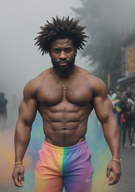 Male focus,  1 black man, male_focus, dark_skin, african_male, realistic, best quality, male focus, group, looking at viewer, crop top, rainbow, colorful outfit, casual outfit, masterpiece, massive pecs, massive arms, massive pecs hair, beard, volumetric lighting, pride parade, pride flags, city surrounded by swirling mist background, bara. The painting is rich in detail, with every brushstroke bringing the scene to life, The colors are deep and vibrant, evoking a sense of otherworldly energy, RAW photo, dreamy soft focus, detailed photo, gorgeous, shallow depth of field