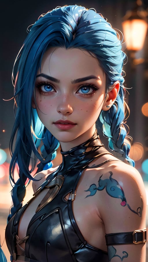 (best quality, masterpiece, colorful, dynamic angle, highest detailed)(Jinx, Legue of Legends, Arcane) upper body professional photo, award winning fashion photography of sexy, intense blue long hair, Jinx  <lora:JinxLol:1>, Legue of Legends, Arcane, flirting, bokeh, (intricate details, hyperdetailed:1.15), detailed, moonlight passing through hair, perfect night (fantasy colorful art background, extreme detailed, highest detailed, natural skin texture, hyperrealism, soft light, sharp, perfect face), HDR+