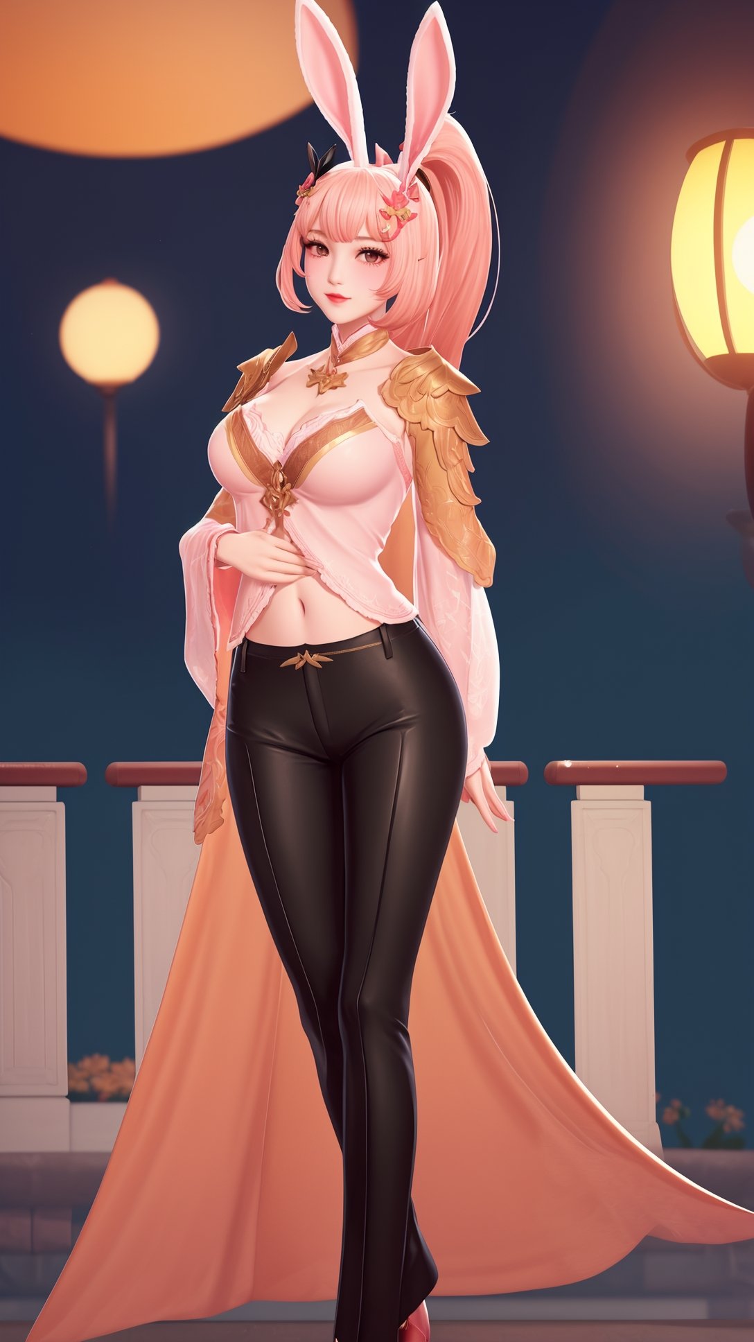 (1girl),smooth chin,masterpiece,detailed face,((hair ornament focus)),top quality,4k,make up,best quality,medium breasts,(looking at viewer),eyes focus,upper body,rabbit ears,pink hair,ponytail,((black pants)),blush,body blush,mature female,navel,light red and light golden mixed sleeves,night sky,arms behind back,long legs,red skirt,hole on pants,walking,<lora:王者 公孙离 原皮_v1.0-000008:0.8>,