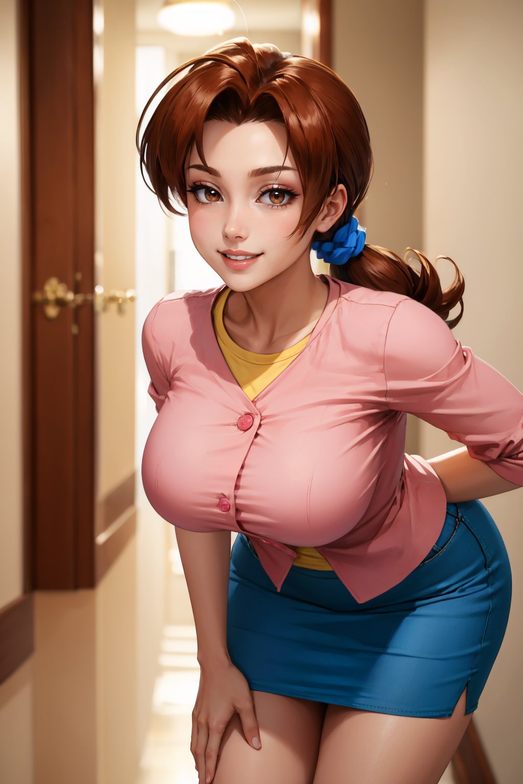 masterpiece, best quality, <lora:pkmndelia-nvwls-v1-000009:0.9> pkmnDelia, ponytail, pink shirt, blue skirt, smile, large breasts, leaning forward, hallway, smile, happy