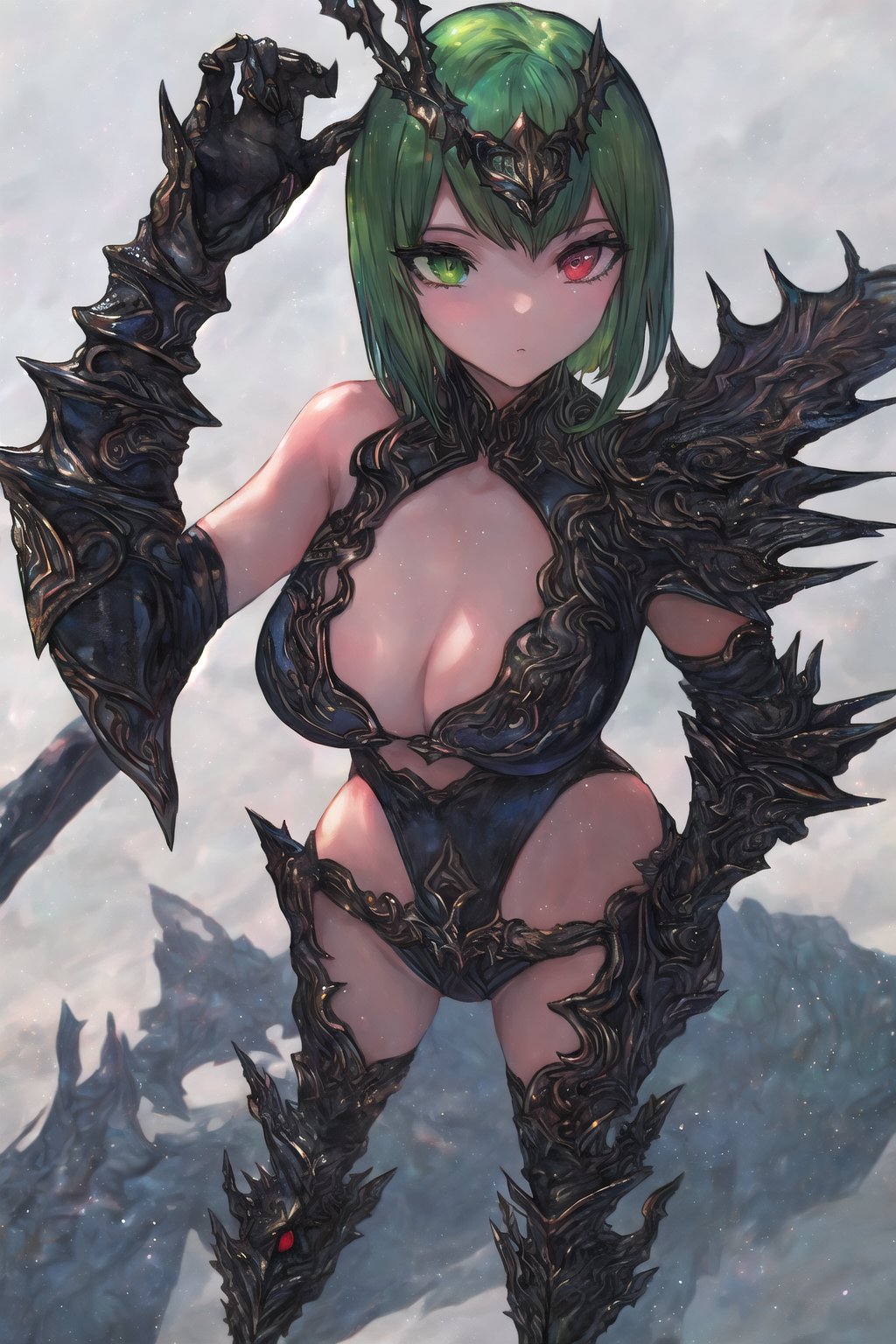 (Masterpiece, Best Quality:1.3), absurdres, (8k resolution), full body, full angle view, illustration, saba_styl3, 1girl, solo, looking at viewer, large breasts, simple background, red eyes, thighhighs, white background, green eyes, red hair, armpits, armor, arm up, leotard, hand on hip, heterochromia, garter straps, gauntlets. (extremely detailed), ((depth of field)), fantastic composition, (shadow), sky, cloud, (highly detailed), floating particles, <lora:saba_style_full2-step00002000:1.5>