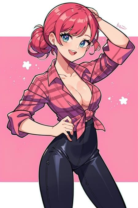 score_9, score_8_up, score_7_up, source_anime, highly detailed, (close-up:1.1), 1girl, cleavage, (looking at viewer:1), (slim body type:1), medium breasts, (rosewood crown twist braid hair:1.1) BREAK wearing (raspberry viscose flannel shirt:1.1) BREAK wearing (persimmon velvet leggings:1) BREAK cave in background BREAK dark theme, pastel lights ,  <lora:visualnovel_pony_SDXLPONY_r12_768_dim32-a1-adamW:0.7>