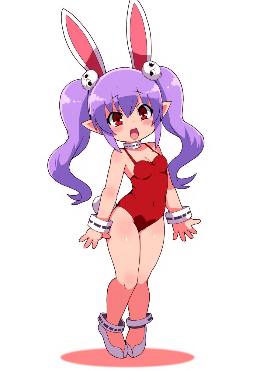 zankuro, 1girl, absurdres, animal ears, blush, choker, collarbone, fake animal ears, hair ornament, henrietta (zankuro), highres, leotard, 25 year old, long hair, looking at viewer, open mouth, original, playboy bunny, purple hair, rabbit ears, rabbit tail, red eyes, red leotard, skull, skull choker, skull hair ornament, smile, standing, tail, twintails, white background, wrist cuffs