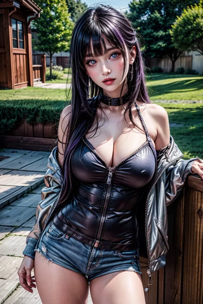 High detailed,  masterpiece,  best quality,  8K,  highres,  Hinat4,  long hair,  purple hair,  large breasts,  blush,  bangs,  cleavage,  bare shoulders, stabdubt,  jacket,  thighs,  blunt bangs,  off shoulder,  lips,  shorts,  fishnets,  zipper,<lora:EMS-179-EMS:0.800000>,<lora:EMS-300189-EMS:0.800000>