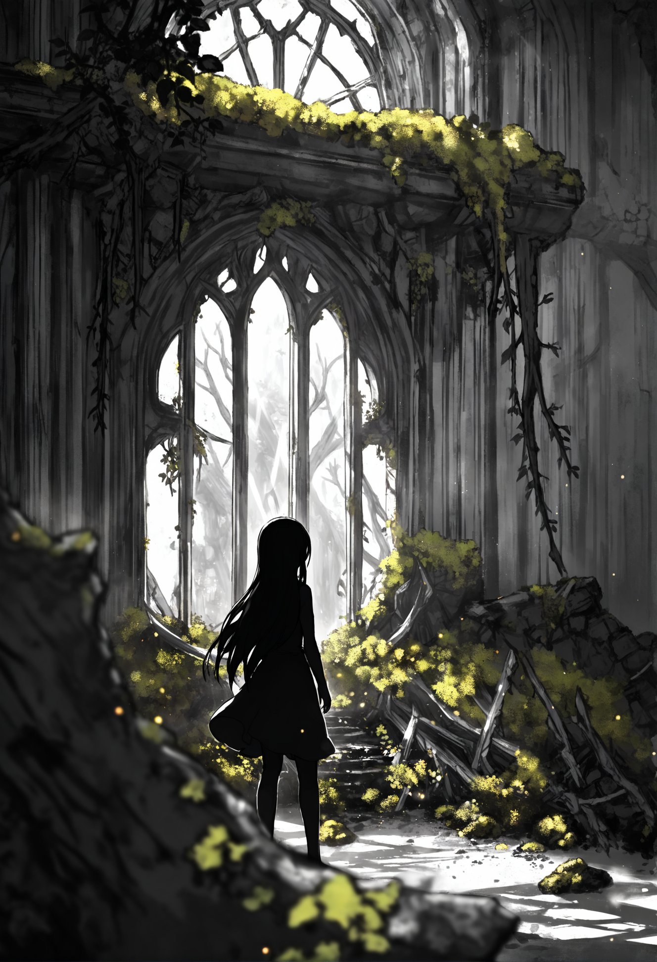 masterpiece, best quality,1girl,   solo, abstract, monochrome, overgrown, ruins, window, sunlight, scenery, blurry foreground, indoors, plant, blurry, broken window, depth of field, light rays, moss, standing, greyscale, shadow, floating, lens flare, silhouette, branch, vines, tree, fantasy, light particles, long hair, wide shot, blurry background, black hair <lora:さばみそ太郎XLlokr8f-000097:0.95>