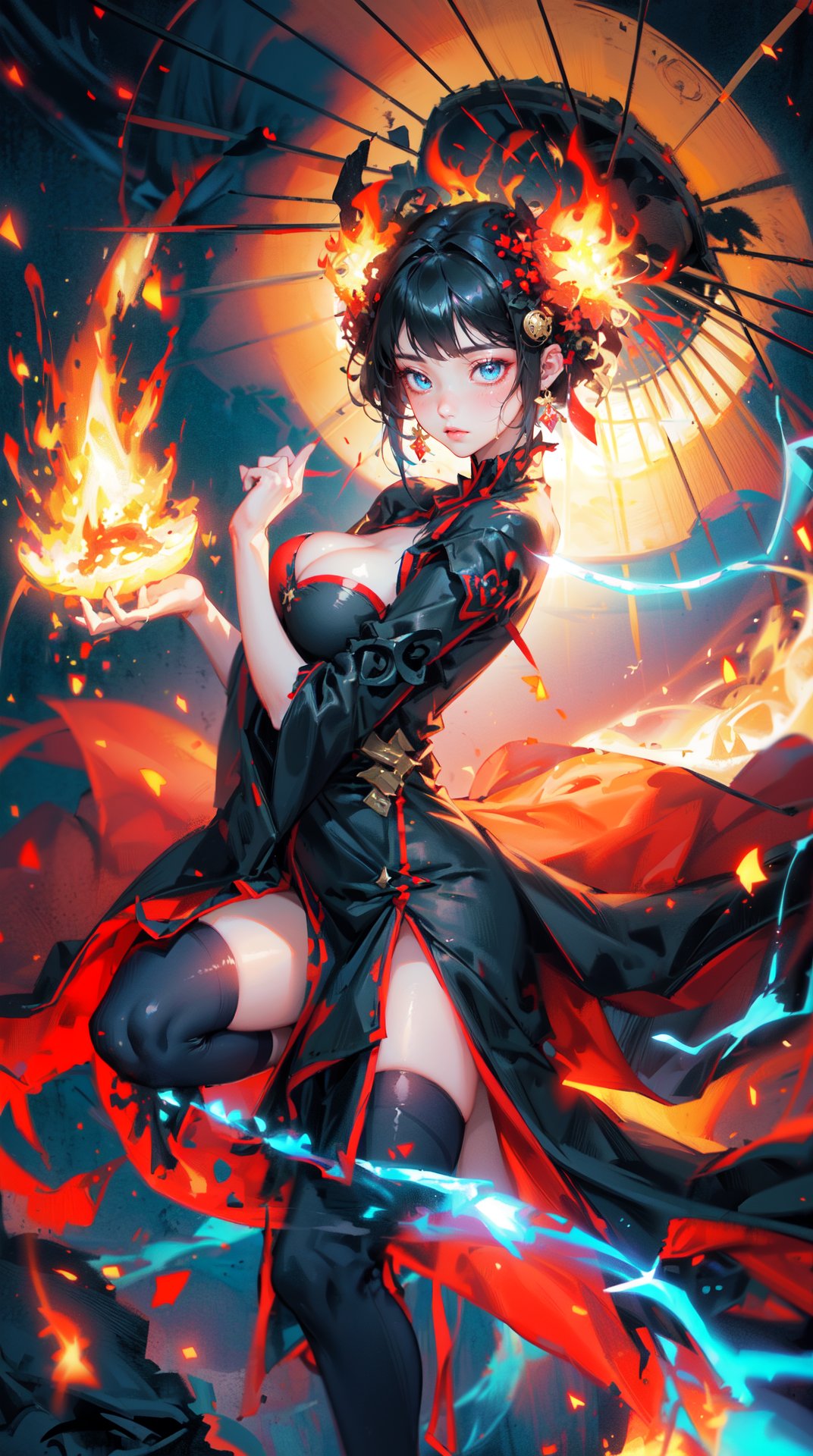 1girl black hair blue fire breasts breathing fire burning cleavage dress energy explosion fire fish flame flaming sword flaming weapon glowing hair ornament hitodama lantern lightning looking at viewer magic magic circle medium breasts molten rock pyrokinesis short hair spirit splashing thighhighs water 