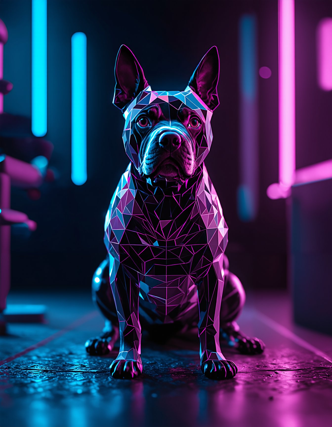 (intricate, ultra high detail, photorealistic, 8K, high-resolution, masterpiece), neon-lit futuristic dog with a geometric and crystalline design, vibrant colors including neon pink, blue, and purple, sharp and angular shapes, glowing accents, sci-fi cyberpunk environment, dark background with colorful neon lights, detailed reflections and highlights, the dog in a vigilant pose, surrounded by abstract shapes and structures, emphasis on the contrast between the bright neon colors and the dark setting. , Ultimate Realism - High Detail Enhancement.safetensors