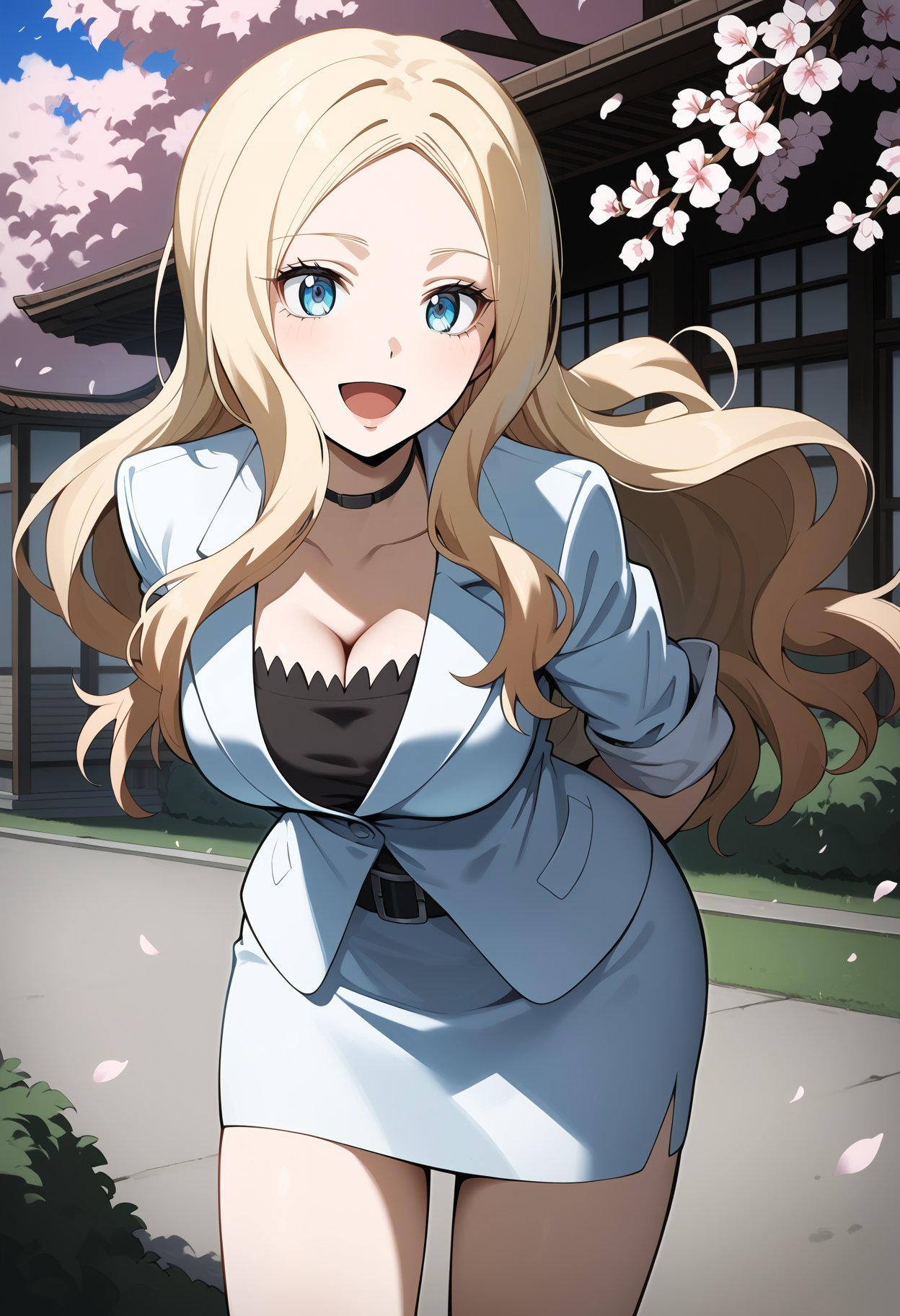 score_9, score_8_up, score_7_up, score_6_up, score_5_up, score_4_up, source_anime, aairina, long hair, parted bangs, blue eyes, breasts, choker, cleavage, suit, black shirt, white jacket, sleeves rolled up, white skirt, <lora:irina_jelavic_ponyxl_v1:0.9>, smile, open mouth, standing, cowboy shot, leaning forward, bent over, outdoors, cherry blossoms, arms behind back,