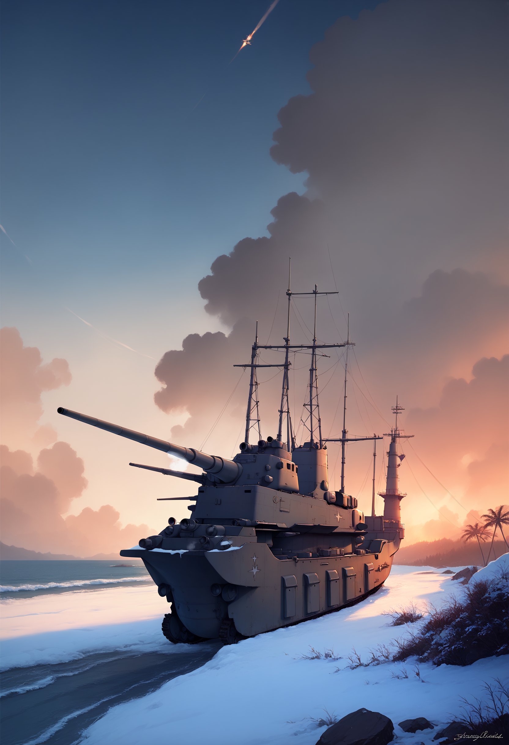 score_9, score_8_up, BREAKscenery, landscape, military, watercraft, cloud, battleship, palm tree, no humans, nature, night, snow, military vehicle, warship, outdoors, ship, turret, artillery, tree, firing, water