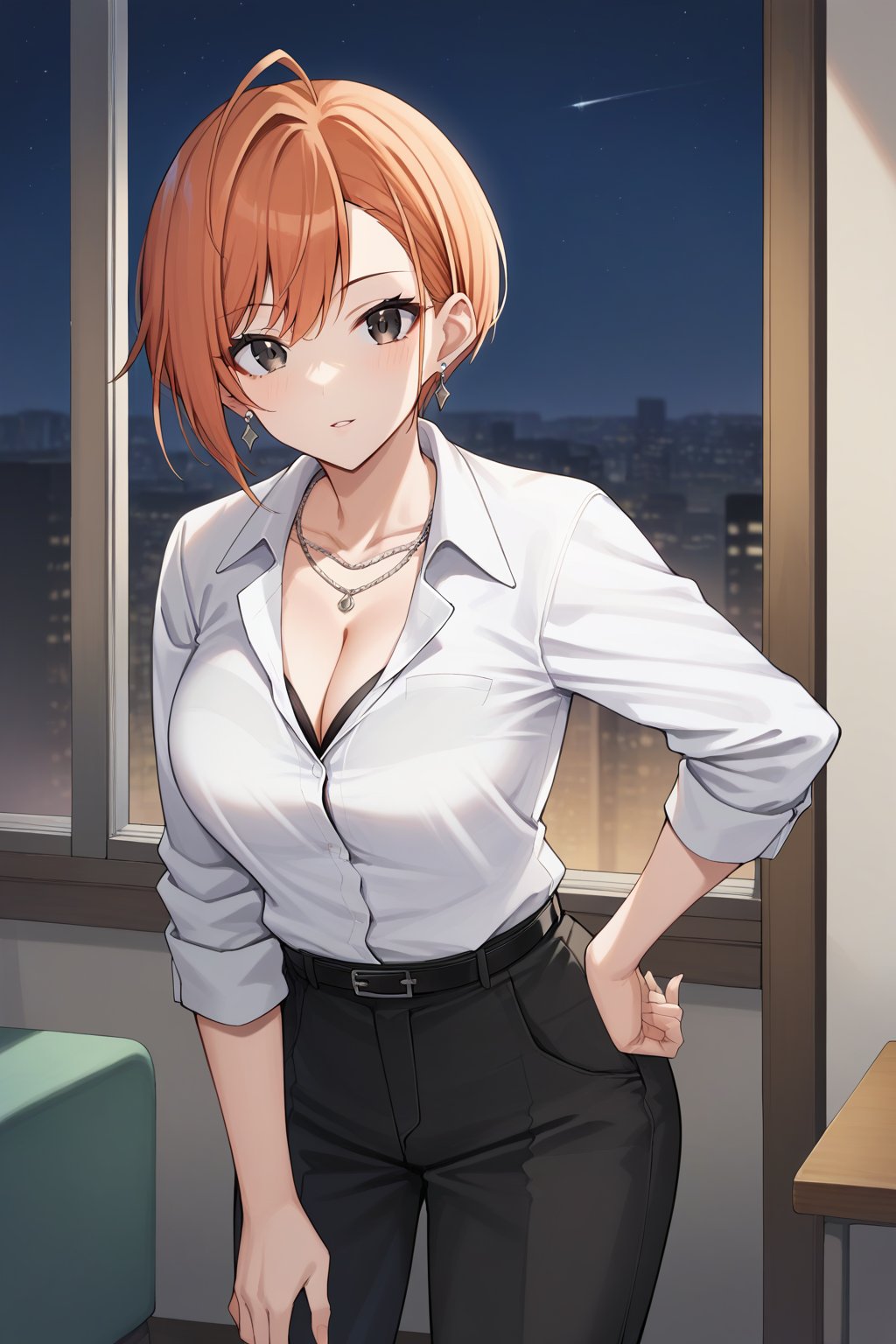 score_9, score_8_up, score_7_up, source_anime, orange hair, short hair, ahoge, swept bangs, black eyes, large breasts, cleavage, white shirt, collared shirt, long sleeves, black shirt, strapless, strapless shirt, black pants, black belt, necklace, earrings, jewelry, looking at viewer, parted lips, indoors, window, night, night sky, cowboy shot, <lora:arisugawa_natsuha_XL:0.9>, natsuhaarisugawa