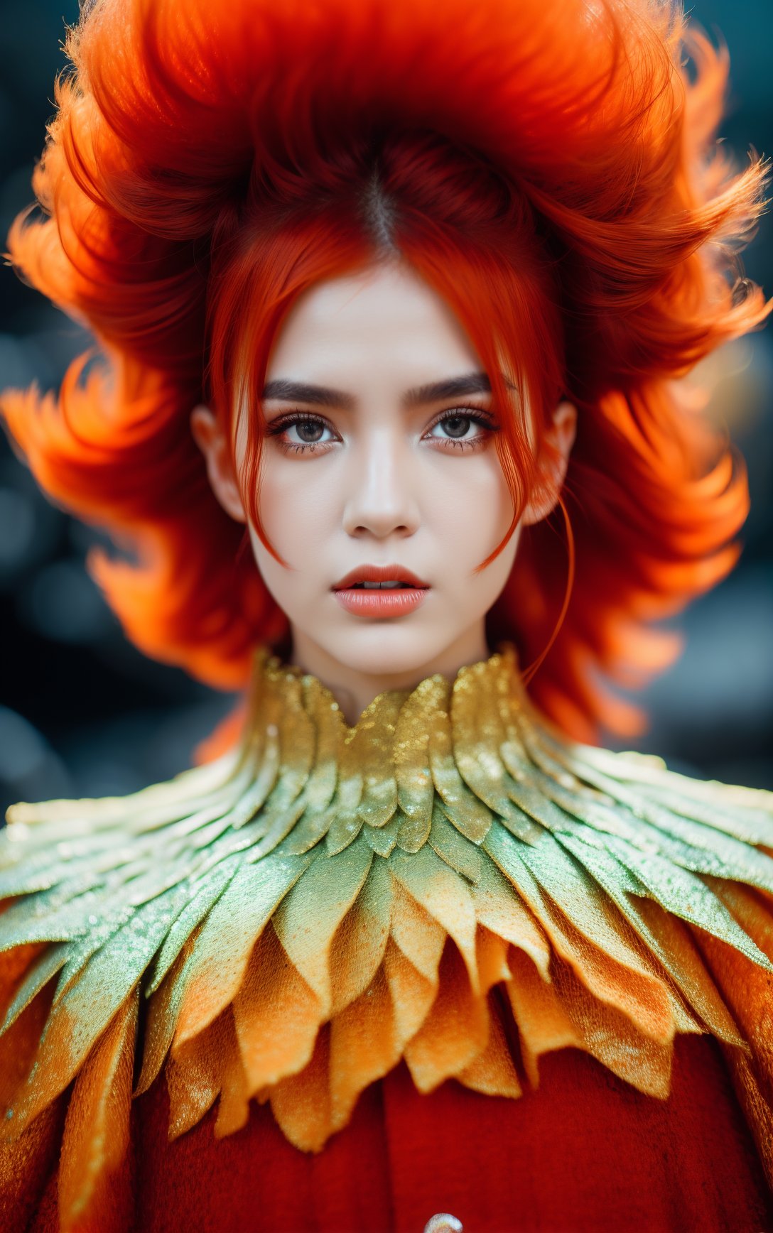 Fashion photography portrait, close up portrait, (1 girl is surrounded by flame lava , red hair:1, wear fire flame lava outfit coat fire flame lava fashion costume with ruffled layers:1),,