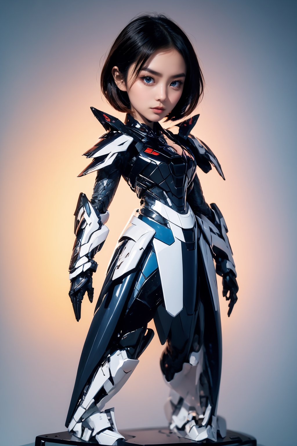 AgainCyberpunk, solo, 1girl, short hair, looking at viewer, black hair, white background, science fiction, armor, lips, standing, cowboy shot, power armor, closed mouth, grey eyes, blue eyes, brown hair, arms at sides, bob cut, chibi, full body,