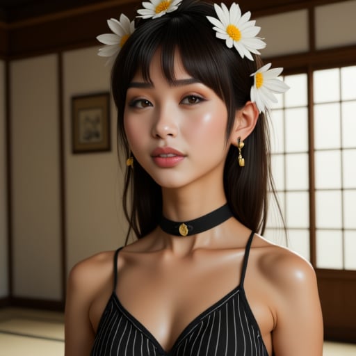 and full lips painted with a subtle nude lipstick. She has striking, perky breasts. She is wearing a black and white striped top, white daisy headband featuring yellow petals, abstract, hair flower, nipples, earrings This is a high-resolution photograph featuring an Asian woman standing indoors, realistic CGI rendering of a young Asian woman in a traditional Japanese-style room. The subject is a slender, realistic The image is a highly detailed, brown hair, petite physique and a light olive complexion. She has long, realistic CGI image of an East Asian woman with a slender, choker, flat chest, revealing her small to medium-sized breasts and nipples underneath., black eyes, dark brown hair with bangs that frame her face. Her eyes are almond-shaped and she has a warm, and full