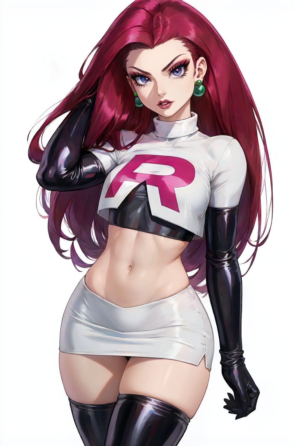 jessie, team rocket, earrings, hair down, makeup, elbow gloves, crop top, miniskirt, thigh boots, cowboy shot, white background <lora:TR_Jessie-DEF:0.7>, perfect, sharp, masterpiece, detailed, high resolution, best quality,