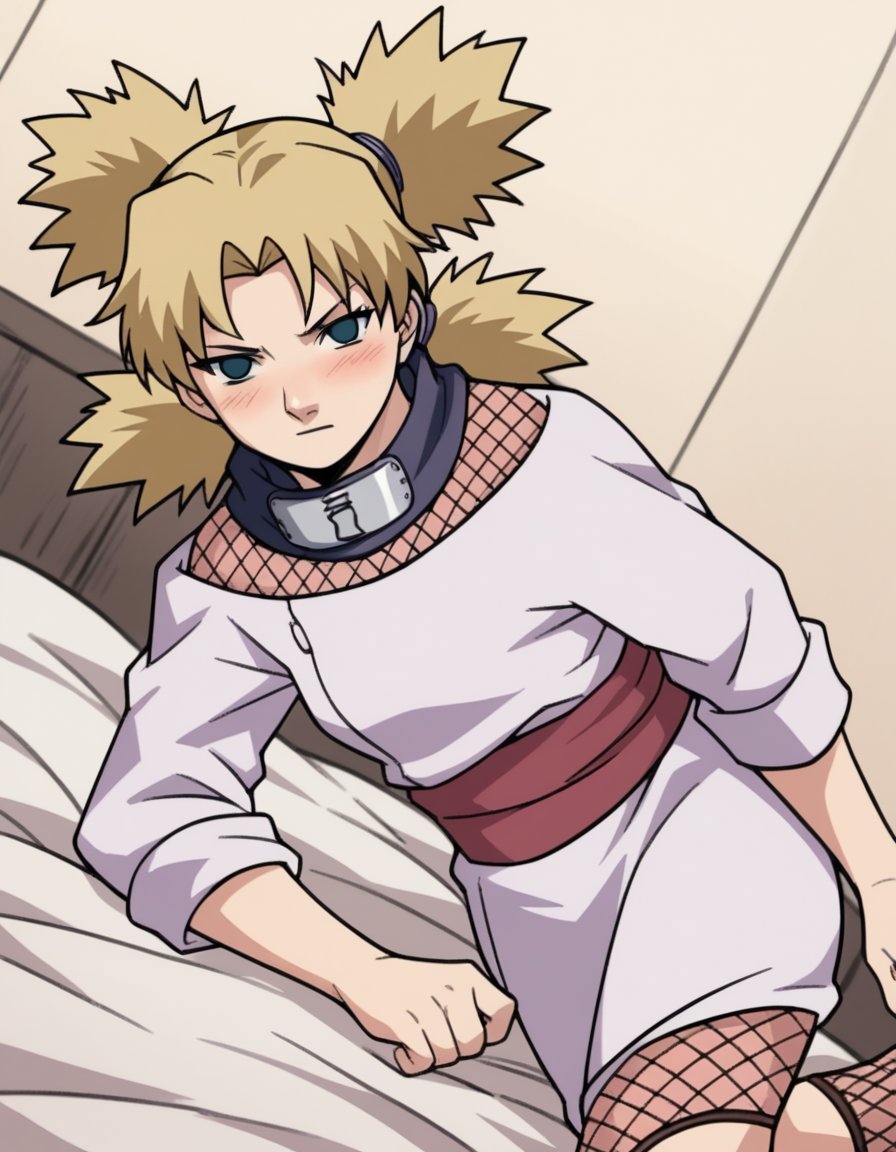 score_9, score_8_up, score_7_up, source_anime, <lora:temari-s1-ponyxl-lora-nochekaiser:1>, temari, bangs, blonde hair, quad tails, blue eyes,, long sleeves, fishnets, sleeves rolled up, forehead protector, sleeves pushed up, sleeves past elbows, sash, dress, purple dress,, indoors, bed, bed room, on side, blush, drunk, looking at viewer, solo,, cowboy shot, dutch angle